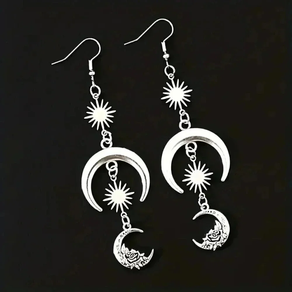 Silvery Sun Moon Flower Design Dangle Earrings